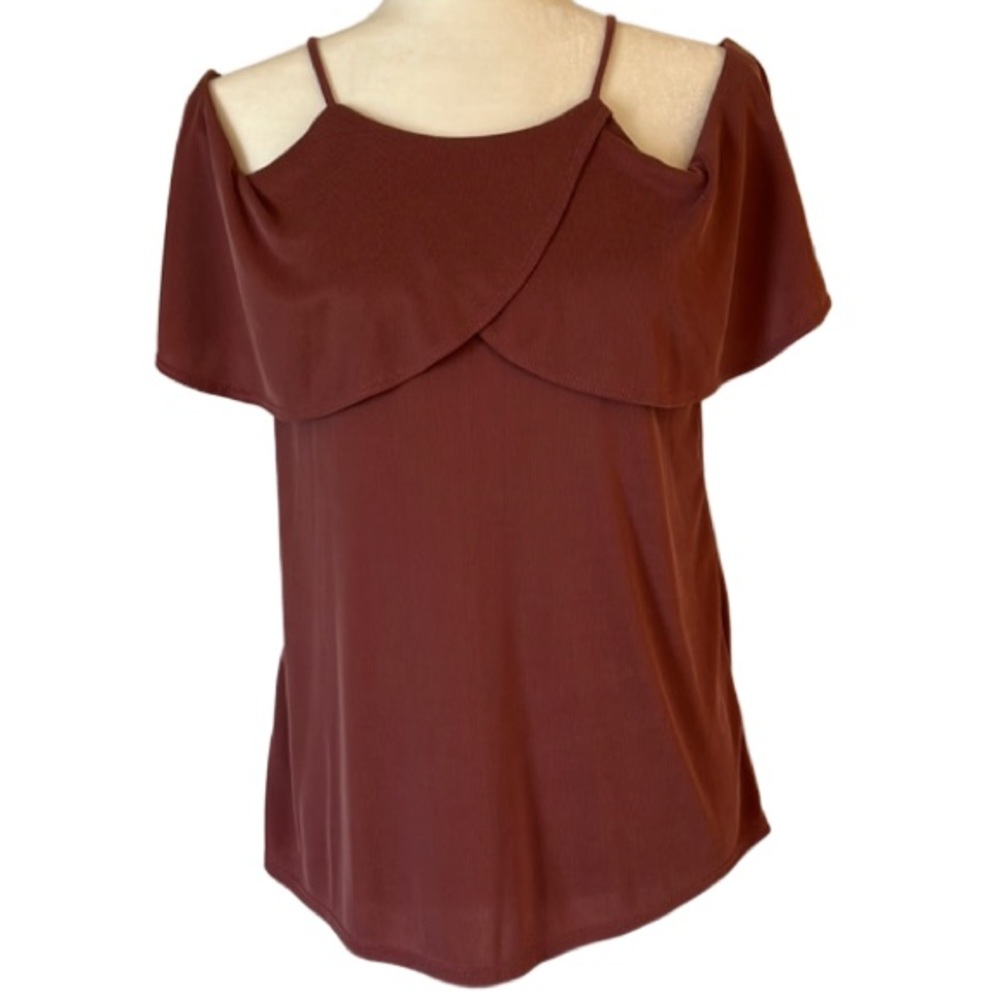 PARADISO WOMENS TOP RUFFLE TRIM COLD SHOULDER FLOUNCE SLEEVE DUSTY ROSE SMALL
